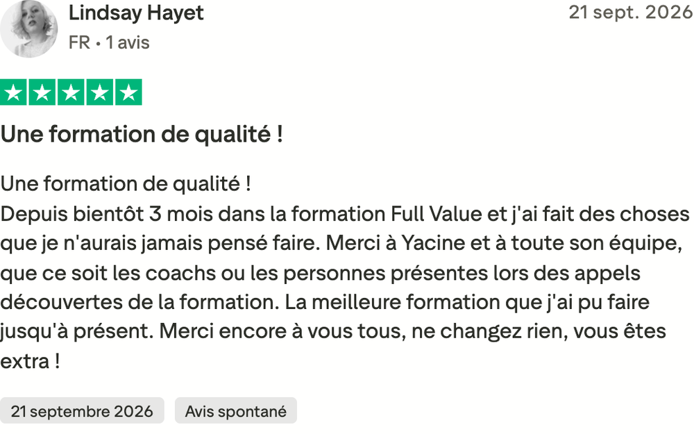 Avis Trustpilot de Lindsay Hayet, 5 étoiles, 21 septembre 2026 : « Une formation de qualité ! »