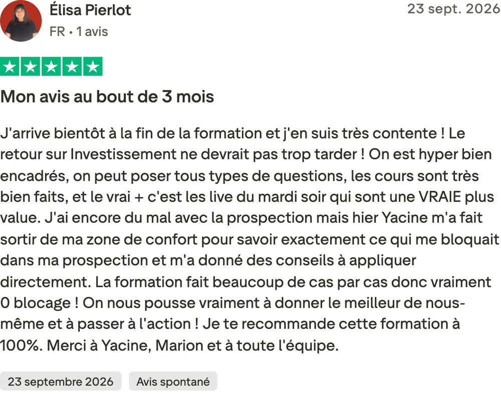 Avis Trustpilot d'Élisa Pierlot, 5 étoiles, 23 septembre 2026 : « J'arrive bientôt à la fin de la formation et j'en suis très contente ! »